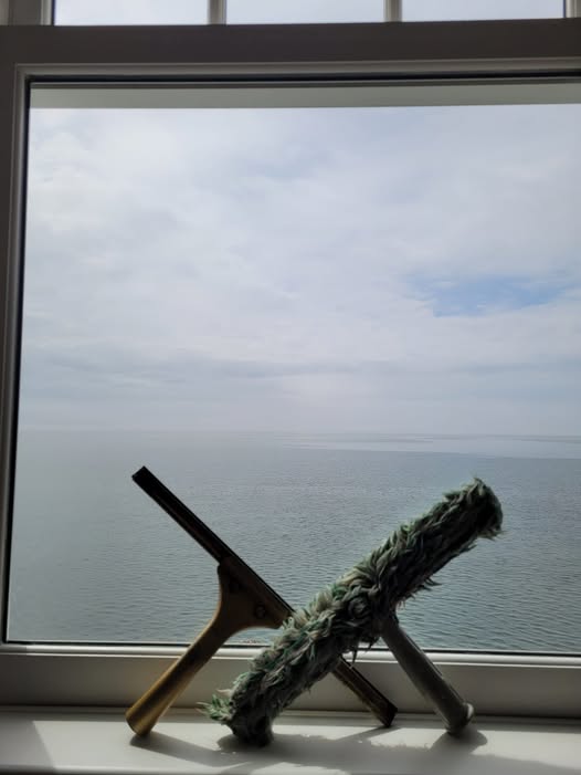 Squeegee and washer resting on a windowsill in front of a clean window with an ocean view